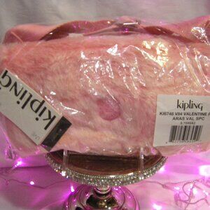 Kipling Aras Furry Small Shoulder Bag Pink Ombre' Faux Fur Silver Monkey NWT